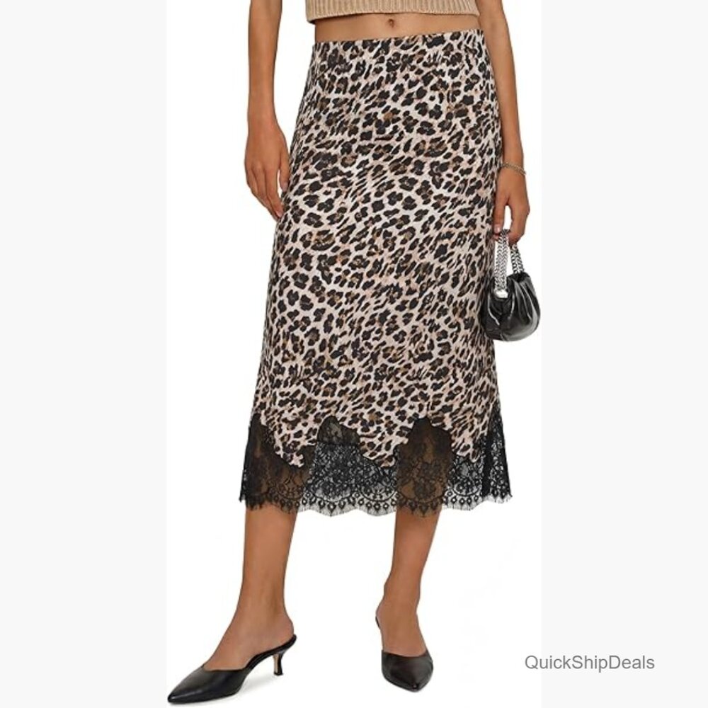 Satin Midi Skirt with Lace Hem, High Waisted A-Line Party Outfit